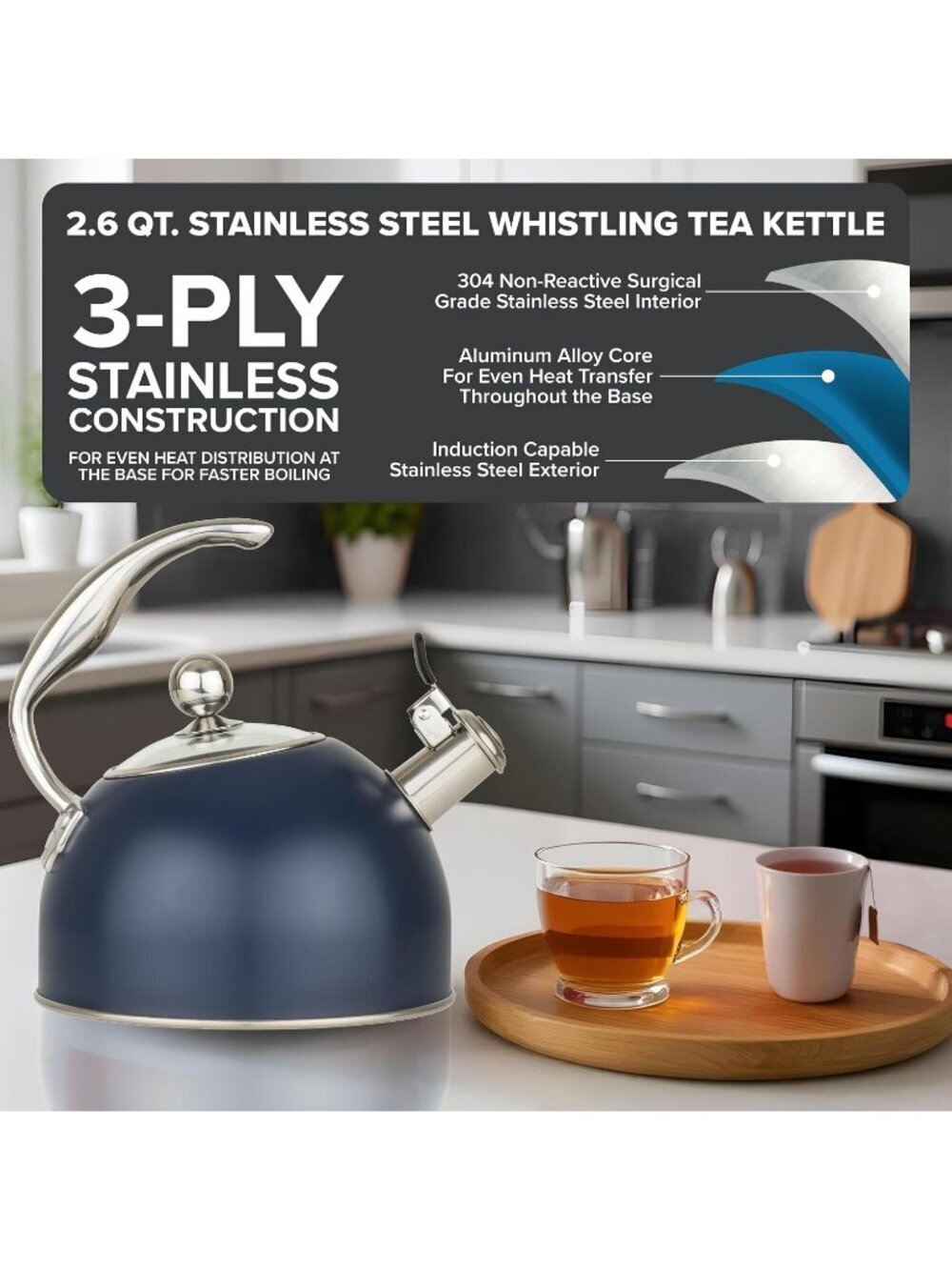 Viking  2.6 Qt 3-Ply Stainless Steel Kitchen Tea Kettles Slate Blue Induction - Picture 2 of 7